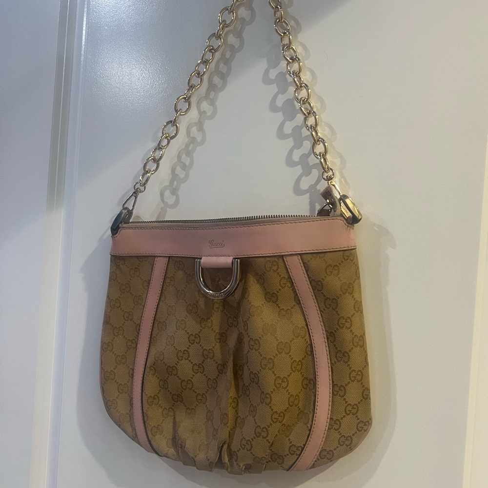 Gucci Tan and Pink Monogram Shoulder Bag